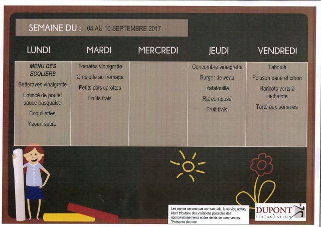 Menu du 04 au 08 septembre 2017