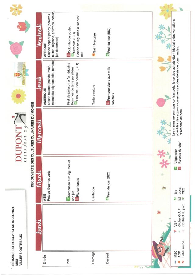 Menus cantine scolaire